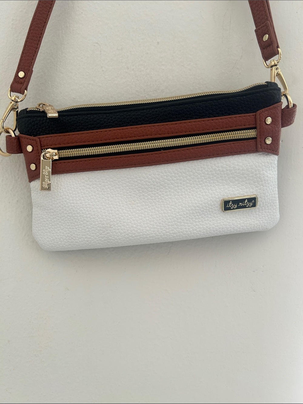 Itzy Ritzy White and Brown Crossbody Bag with Gold Hardware
